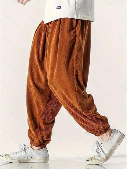 Men's Loose Fit Corduroy Pants – Wide-Leg Drawstring Trousers, Stylish and Comfortable Bottoms for Spring and Fall Wear