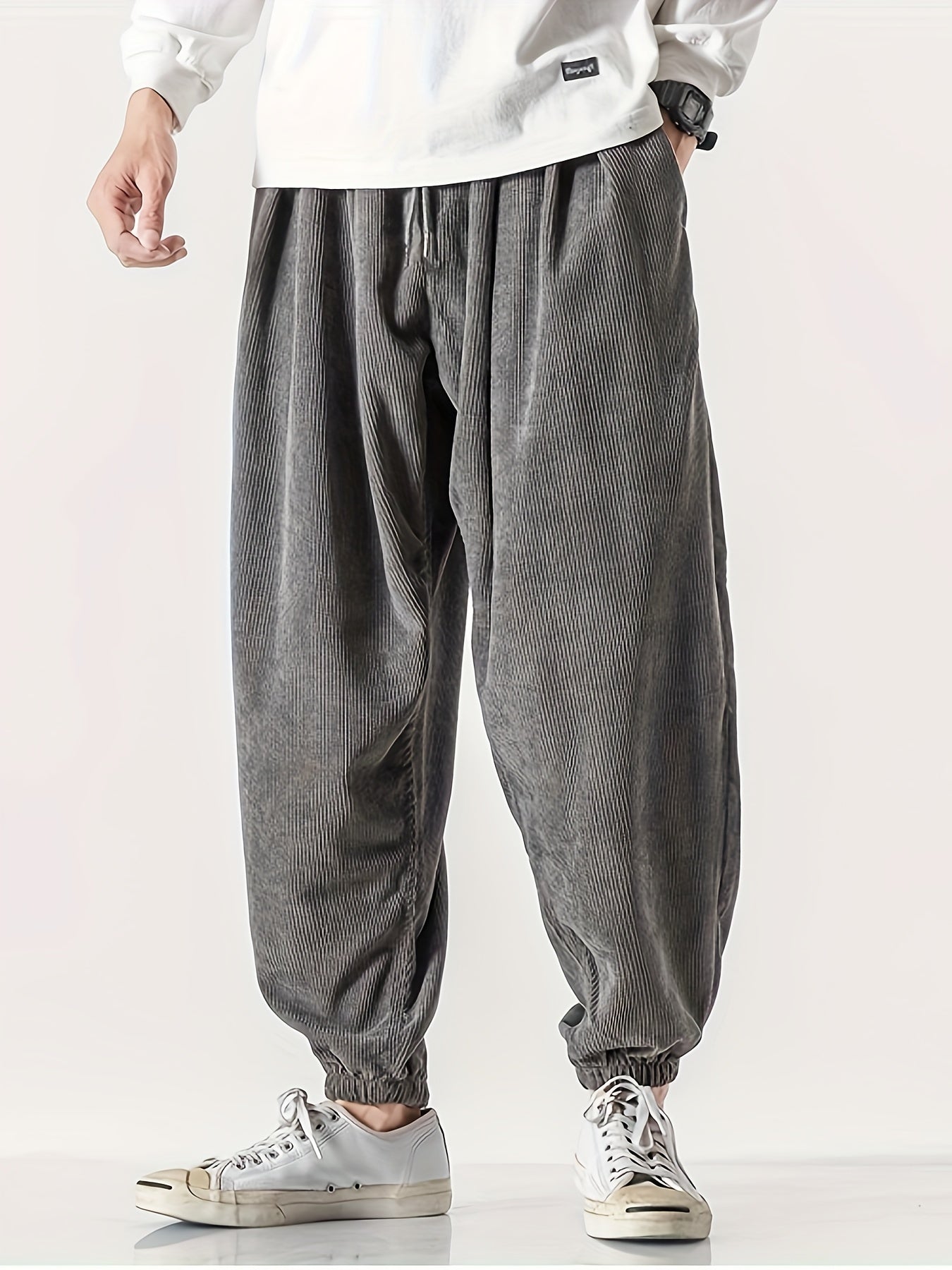 Men's Loose Fit Corduroy Pants – Wide-Leg Drawstring Trousers, Stylish and Comfortable Bottoms for Spring and Fall Wear