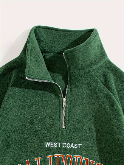 Shaking Grain Velvet Embroidery Medium High Collar Zipper Hoodie Warm Sweater