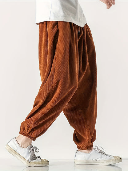 Men's Loose Fit Corduroy Pants – Wide-Leg Drawstring Trousers, Stylish and Comfortable Bottoms for Spring and Fall Wear