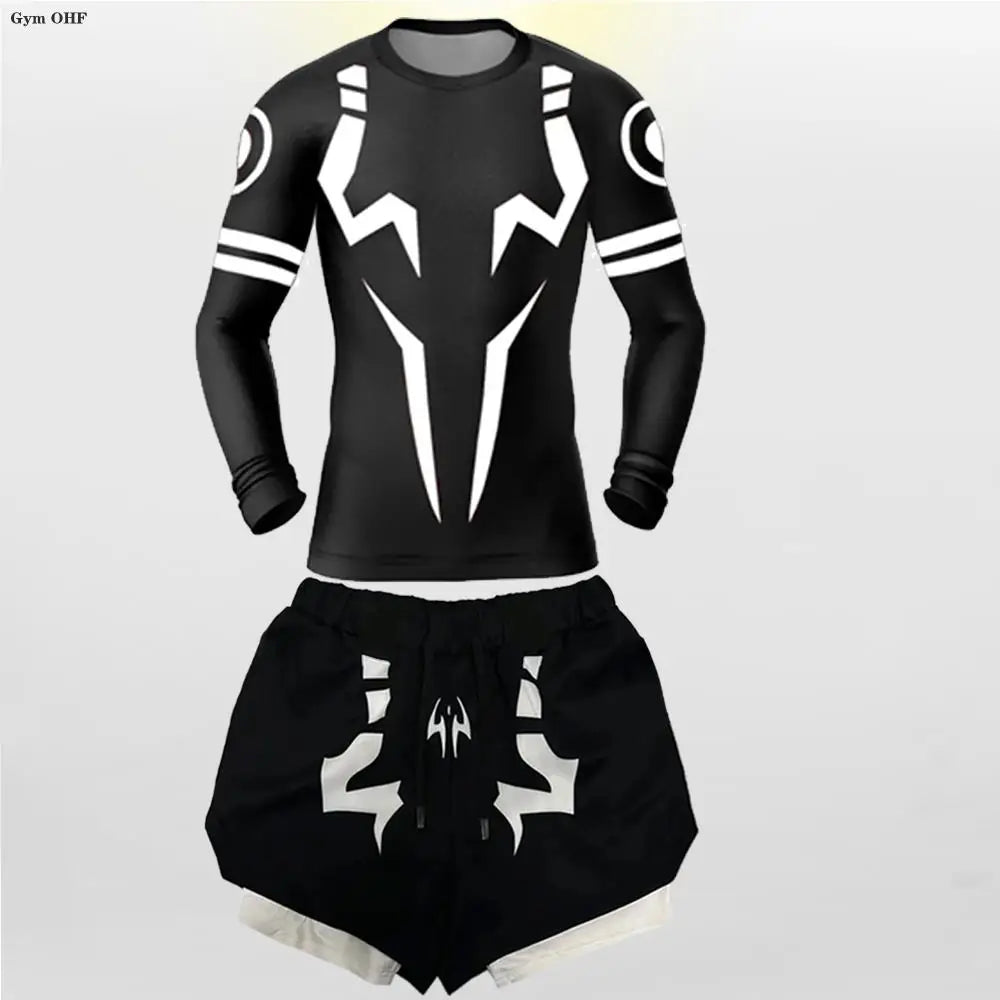 Jujutsu Kaisen Compression Tracksuit – 2-in-1 Men’s T-Shirt & Shorts Set for Running, Gym, MMA Training