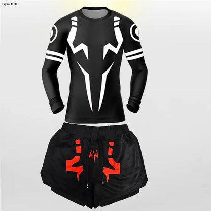 Jujutsu Kaisen Compression Tracksuit – 2-in-1 Men’s T-Shirt & Shorts Set for Running, Gym, MMA Training