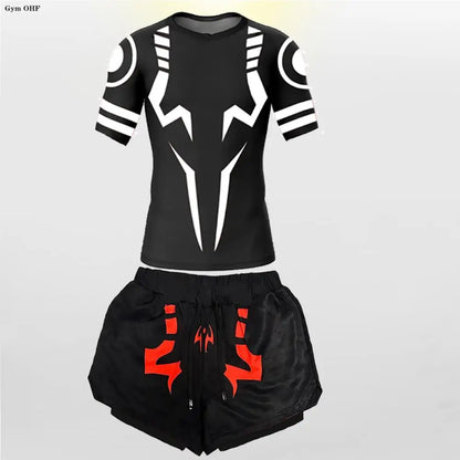 Jujutsu Kaisen Compression Tracksuit – 2-in-1 Men’s T-Shirt & Shorts Set for Running, Gym, MMA Training