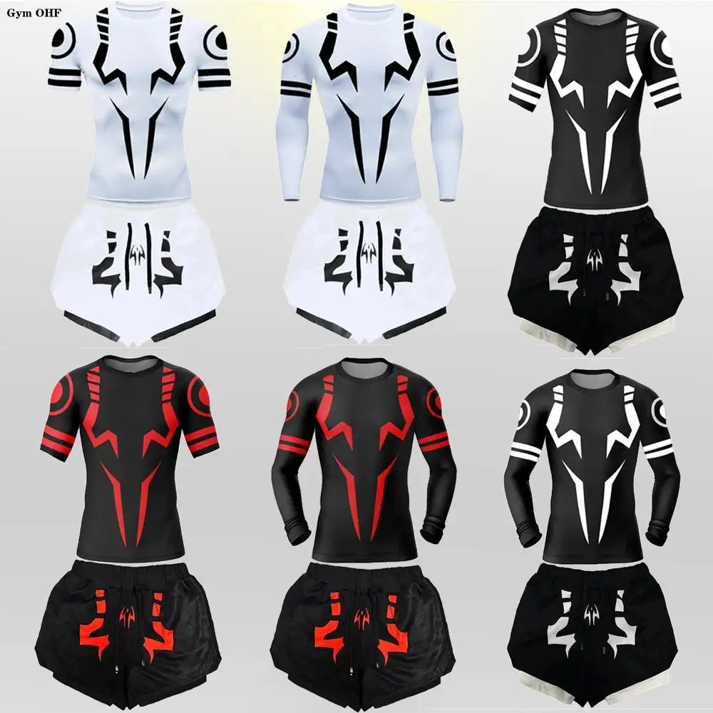 Jujutsu Kaisen Compression Tracksuit – 2-in-1 Men’s T-Shirt & Shorts Set for Running, Gym, MMA Training