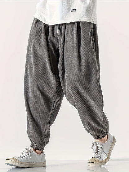 Men's Loose Fit Corduroy Pants – Wide-Leg Drawstring Trousers, Stylish and Comfortable Bottoms for Spring and Fall Wear