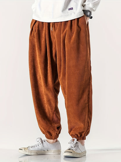 Men's Loose Fit Corduroy Pants – Wide-Leg Drawstring Trousers, Stylish and Comfortable Bottoms for Spring and Fall Wear