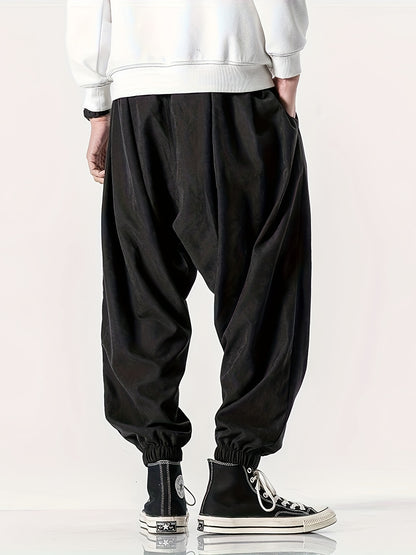 Men's Loose Fit Corduroy Pants – Wide-Leg Drawstring Trousers, Stylish and Comfortable Bottoms for Spring and Fall Wear